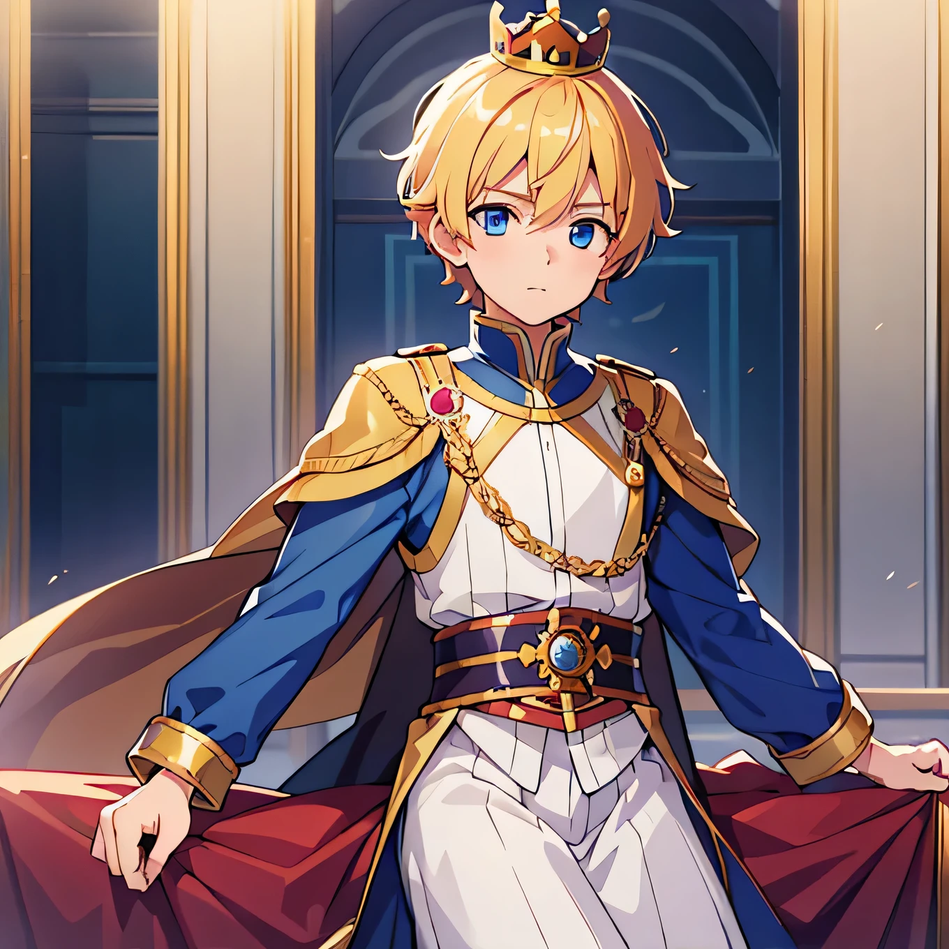 high resolution, 4k quality, 8k quality, ultra-high definition, 1 male, teenager, short redish-blonde hair, blue eyes, prince attire, crown