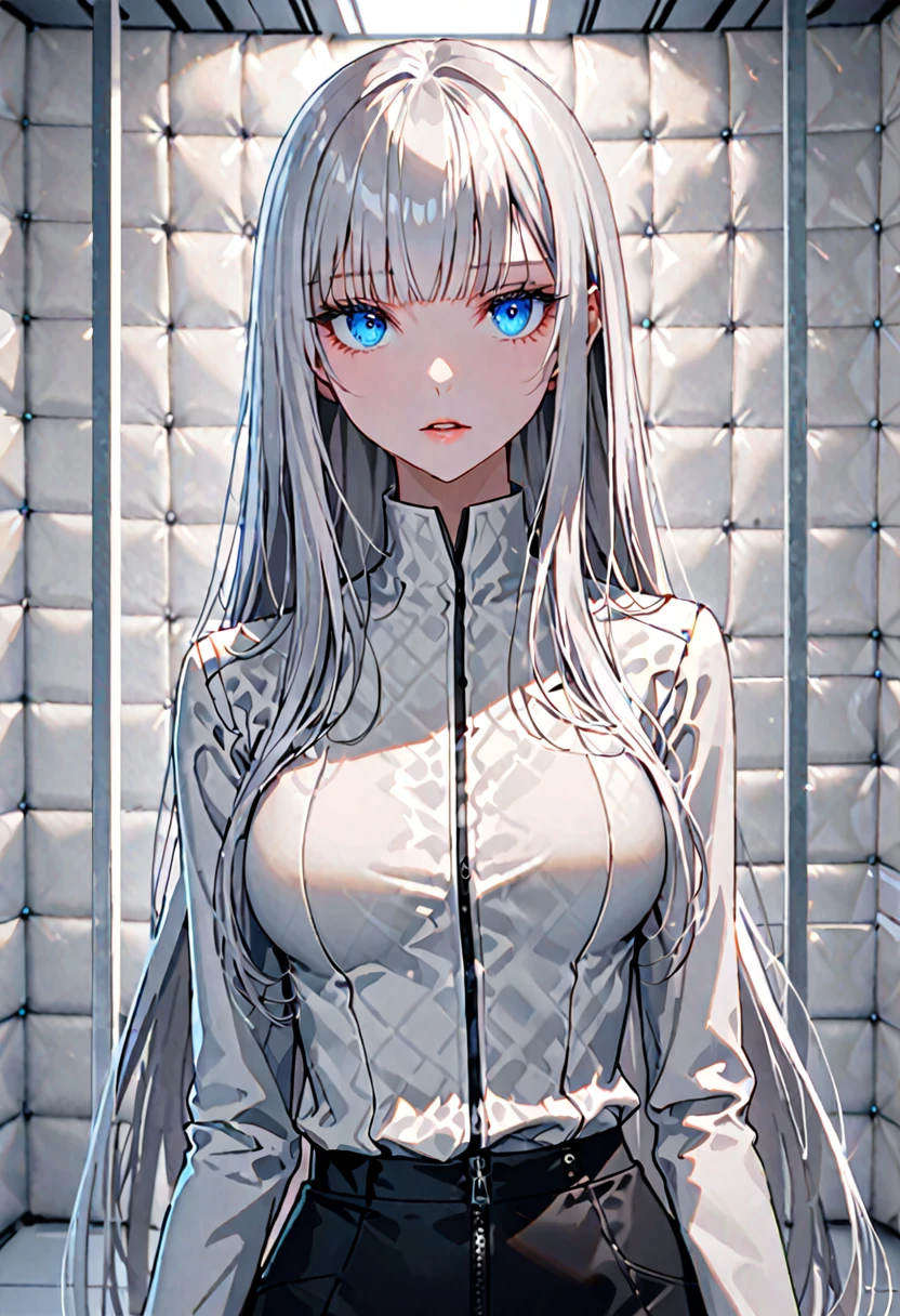 female, silver hair, long hair, straight bangs, large breasts, white lab coat, blue eyes, off-white padded room, large room, blouse, black jeans, warm, futuristic, parted lips, slender, close up, from the waist up, half-lidded eyes