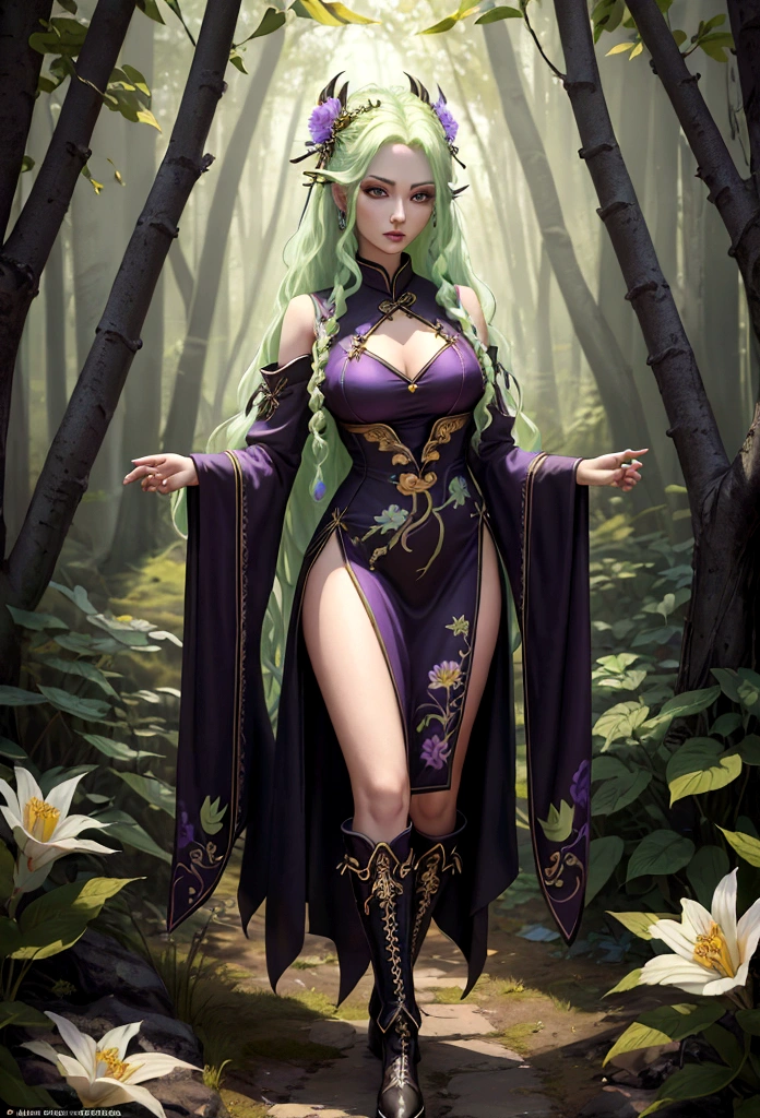 high details, best quality, 16k, [ultra detailed], masterpiece, best quality, (extremely detailed), full body, ultra wide shot, photorealistic, fantasy art, dnd art, rpg art, realistic art, an ultra wide picture of a exotic, exquisite beautiful woman wearing ((black Cheongsam with lively vivid flowers, the flowers grow from the Cheongsam to be alive : 1.5), she wears, (knee high laces heel boots: 1.2), (light green hair: 1.2), long hair, wavy hair, pale skin, (deep blue eyes, Intense gaze: 1.2), fantasy druid grove background, dynamic background, high details, best quality, highres, ultra wide angle, GlowingRunes_purple, dress