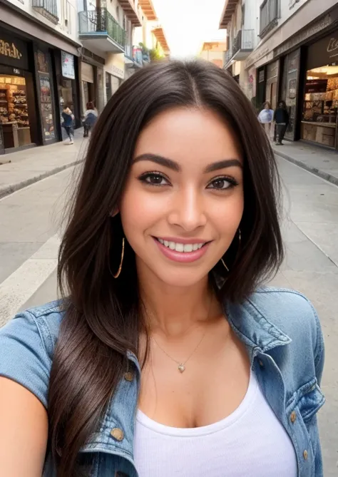 une femme marchant dans une rue d’une ville côtière, avec un sac à la main, jolie femme aux cheveux ondulés et à la peau brune, ...