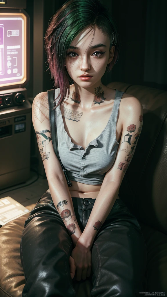 A stunning full color intricate portrait in Ultra-HD, a 24 year old girl, detailed face, ((ultra detailed, masterpiece, best quality)), short multicolored hair, brown eyes, makeup, tattoos, tank top, black pants, full body, epic character composition . . alessio albi, nina masic, sharp focus, natural lighting, subsurface dispersion, f2, 35mm