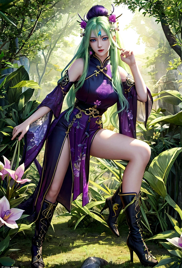 high details, best quality, 16k, [ultra detailed], masterpiece, best quality, (extremely detailed), full body, ultra wide shot, photorealistic, fantasy art, dnd art, rpg art, realistic art, an ultra wide picture of a exotic, exquisite beautiful woman wearing ((black Cheongsam with lively vivid flowers, the flowers grow from the Cheongsam to be alive : 1.5), she wears, (knee high laces heel boots: 1.2), (light green hair: 1.2), long hair, wavy hair, pale skin, (deep blue eyes, Intense gaze: 1.2), fantasy druid grove background, dynamic background, high details, best quality, highres, ultra wide angle, GlowingRunes_purple,