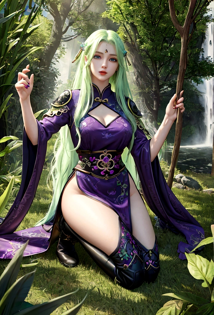 high details, best quality, 16k, [ultra detailed], masterpiece, best quality, (extremely detailed), full body, ultra wide shot, photorealistic, fantasy art, dnd art, rpg art, realistic art, an ultra wide picture of a exotic, exquisite beautiful woman wearing ((black Cheongsam with lively vivid flowers, the flowers grow from the Cheongsam to be alive : 1.5), she wears, (knee high laces heel boots: 1.2), (light green hair: 1.2), long hair, wavy hair, pale skin, (deep blue eyes, Intense gaze: 1.2), fantasy druid grove background, dynamic background, high details, best quality, highres, ultra wide angle, GlowingRunes_purple,