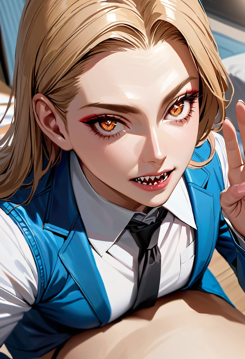 best quality, highest quality, masterpiece, ultra-detailed, hyper-detailed, award-winning, photorealistic background, cinematic lighting, trending on artstation, 8K wallpaper, extremely detailed, intricate, illustration, close-up portrait, powerdef, sharp teeth, cross-shaped pupils, blue jacket, long sleeves, white shirt, black necktie, torn jeans, Air Jordan 1 shoes, Power from Chainsaw man, blonde hair, open clothes, thick thighs, perfect face, very deep eyes, detailed eyes, sidelight, high-resolution, intricate details, detailed fingers, beautiful face, Chainsaw man, full-body, wiew from above, mature female, eyeshadow, mascara, hourglass figure, 