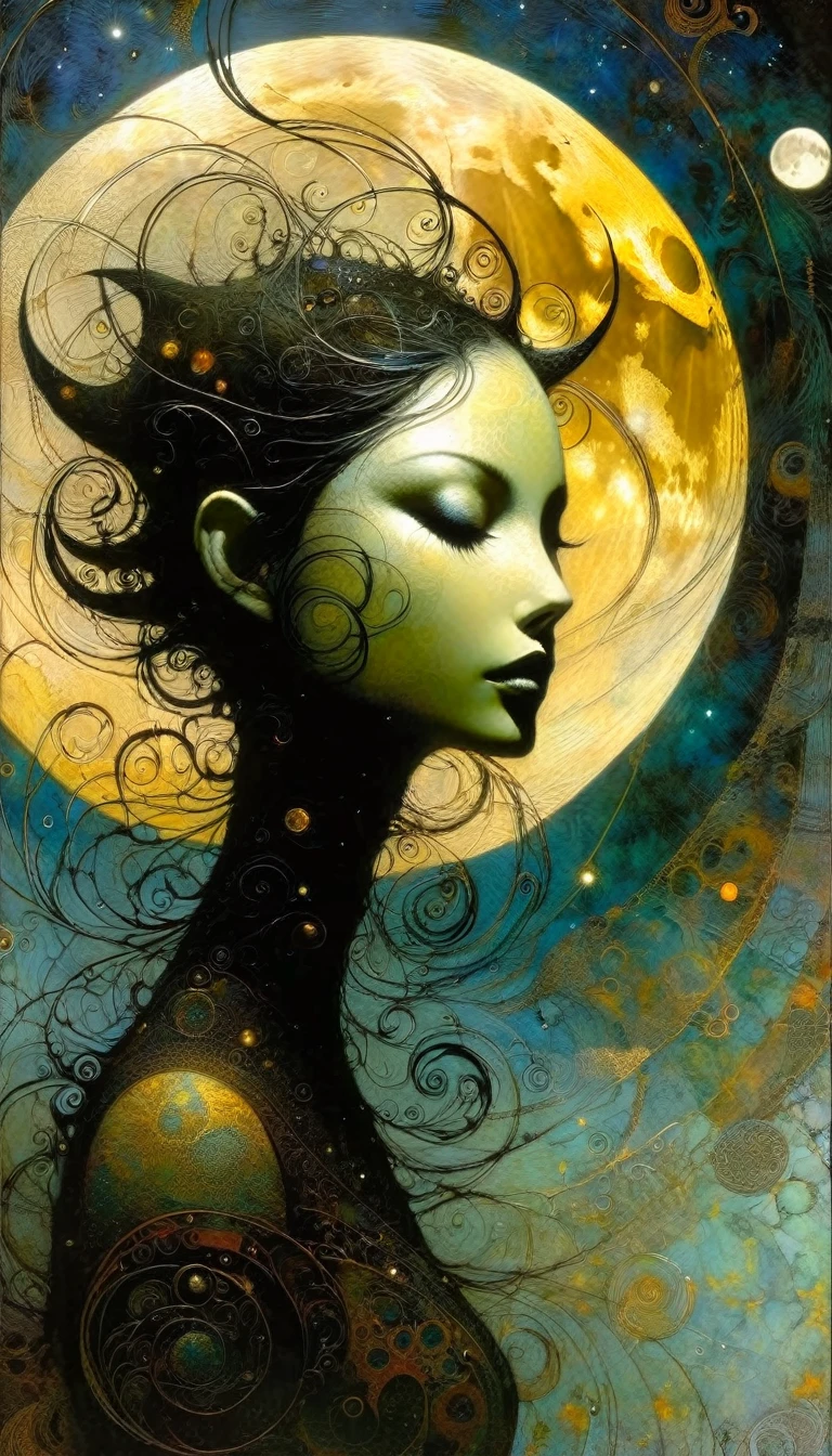 A lua, Arte inspirada em Dave Mckean, detalhes intrincados, pintado a óleo
