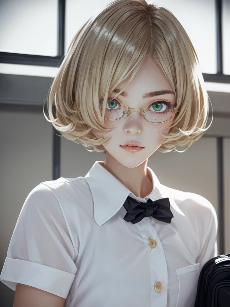 1girl, elegant bearing, small, slender build, short height, narrow shoulders, pale skin dotted by freckles, short platinum blonde hair, (((mop-top hairstyle))), (((boyish hair))), (dark green eyes), silver glasses, cute facial features with an underlying elegance, thin lips, small breasts, 15 years old female, RAW photo, ((slim body: 1)), (HQ skin: 1.4), 8k uhd, dslr, soft light, high quality, ((school uniform, white clothes, gold accents, (looking at viewer:1.4)
