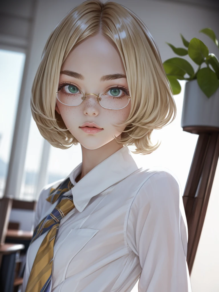 1girl, elegant bearing, small, slender build, short height, narrow shoulders, pale skin dotted by freckles, short platinum blonde hair, (((mop-top hairstyle))), (((boyish hair))), (dark green eyes), silver glasses, cute facial features with an underlying elegance, thin lips, small breasts, 15 years old female, RAW photo, ((slim body: 1)), (HQ skin: 1.4), 8k uhd, dslr, soft light, high quality, ((school uniform, white clothes, gold accents, (looking at viewer:1.4)
