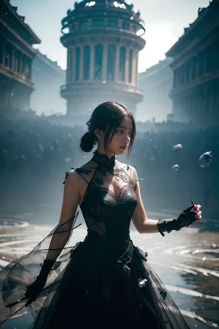 ((masterpiece, best quality)), ultra detailed 8k, photorealistic, sharp focus, highly detailed, professional lighting , shadowmancer, photo of a woman, ink particle, ((swirling black ink floating around)), futuristic fantasy, futuristic white dress, dynamic pose, realistic, masterpiece, intricate details, detailed background, depth of field,