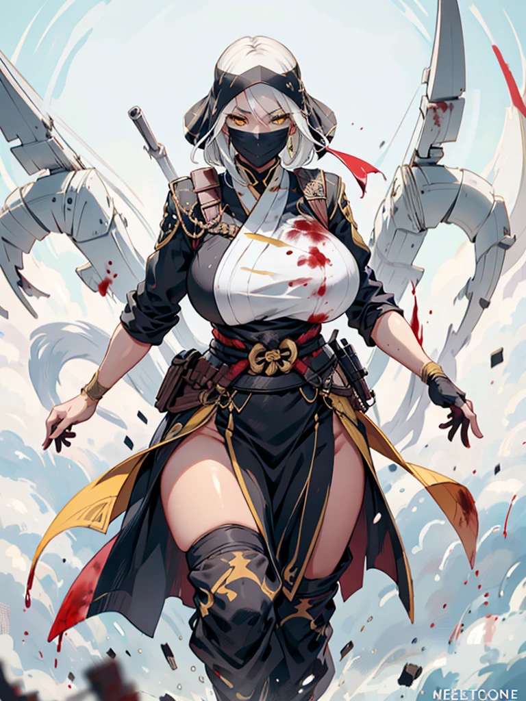 (best quality,highres),tall woman with a big bust smiling towards the camera, removing a black mask with her white hair and yellow eyes, dressed in a white ninja costume with blood stains, holding a gun
