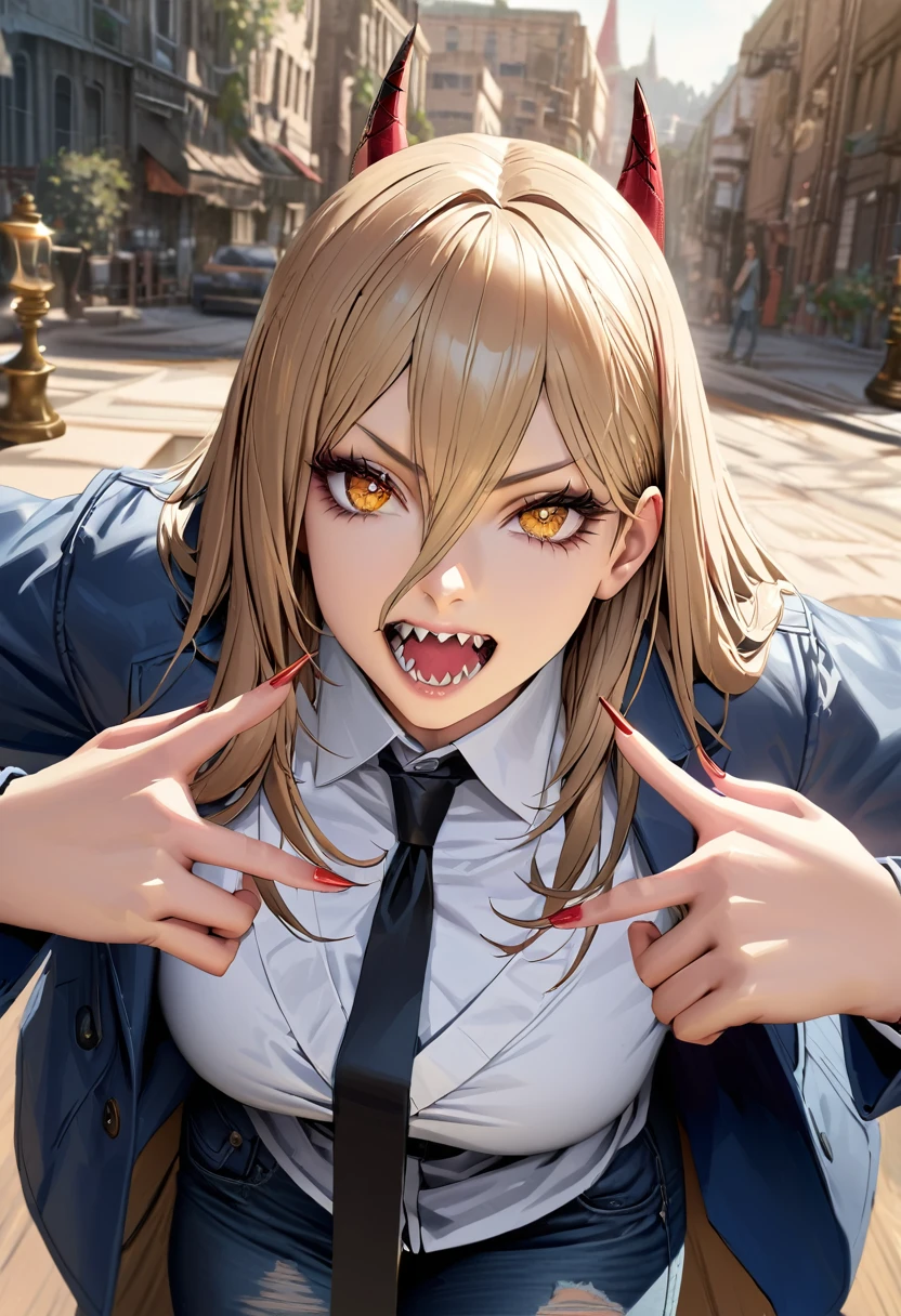 best quality, highest quality, masterpiece, ultra-detailed, hyper-detailed, award-winning, photorealistic background, cinematic lighting, trending on artstation, 8K wallpaper, extremely detailed, intricate, illustration, close-up portrait, powerdef, sharp teeth, cross-shaped pupils, blue jacket, long sleeves, white shirt, black necktie, torn jeans, Air Jordan 1 shoes, Power from Chainsaw man, blonde hair, open clothes, thick thighs, perfect face, very deep eyes, detailed eyes, sidelight, high-resolution, intricate details, detailed fingers, beautiful face, Chainsaw man, full-body, wiew from above, mature female, eyeshadow, mascara, hourglass figure, 