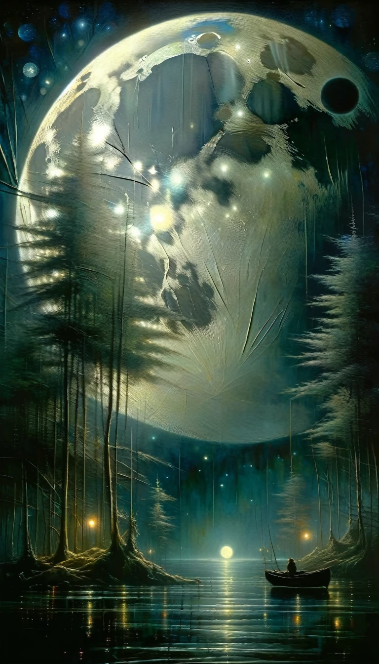 Uma bela lua cheia no céu noturno, pintura a óleo com detalhes intrincados, Atmosfera surreal e onírica, Iluminação mal-humorada e atmosférica, paleta de cores suaves, inspirado na arte de Dave Mckean, cinematográfico e visualmente impressionante, qualidade etérea e mística, texturas detalhadas e pinceladas, sombras e realces dramáticos, senso de mistério e maravilha