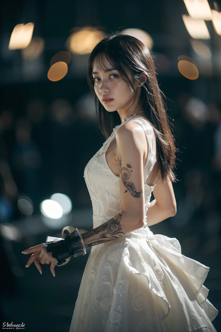 ((masterpiece, best quality)), ultra detailed 8k, photorealistic, sharp focus, highly detailed, professional lighting , shadowmancer, photo of a woman, ink particle, ((swirling black ink floating around)), futuristic fantasy, futuristic white dress, dynamic pose, realistic, masterpiece, intricate details, detailed background, depth of field,