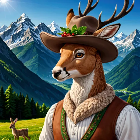 a detailed realistic 4k illustration of a bavarian wilpertinger made of duck, hare and deer, wearing a tyrolean hat, detailed, s...