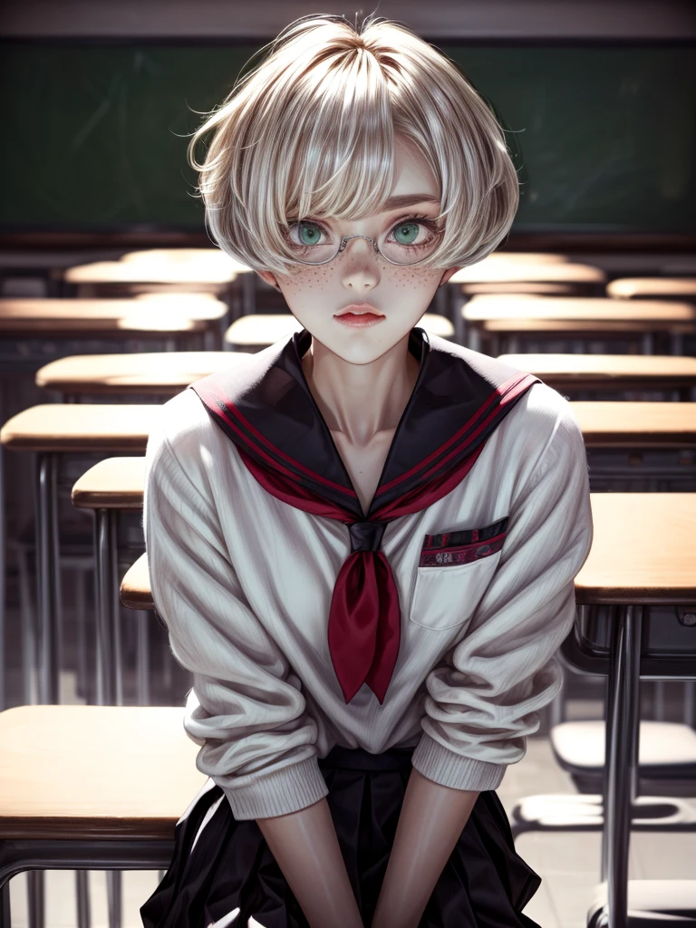 1girl, elegant bearing, small, slender build, short height, narrow shoulders, pale skin dotted by freckles, short platinum blonde hair, (((pixie cut hairstyle))), (((boyish hair))), (dark green eyes), silver glasses, cute facial features with an underlying elegance, thin lips, small breasts, 15 years old female, RAW photo, ((slim body: 1)), (HQ skin: 1.4), 8k uhd, dslr, soft light, high quality, ((school uniform, white clothes, gold accents, (looking at viewer:1.4)
