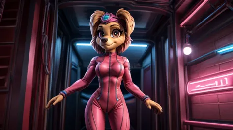 skye from paw patrol, female cockapoo, anthro, adult, mommy, pink combat bodysuit, standing, detailed, solo, beautiful, high qua...