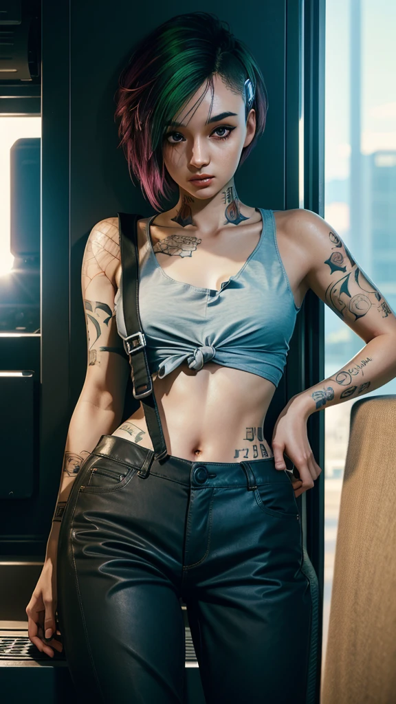 A stunning full color intricate portrait in Ultra-HD, a 24 year old girl, detailed face, ((ultra detailed, masterpiece, best quality)), short multicolored hair, brown eyes, makeup, tattoos, tank top, black pants, full body, epic character composition . . alessio albi, nina masic, sharp focus, natural lighting, subsurface dispersion, f2, 35mm