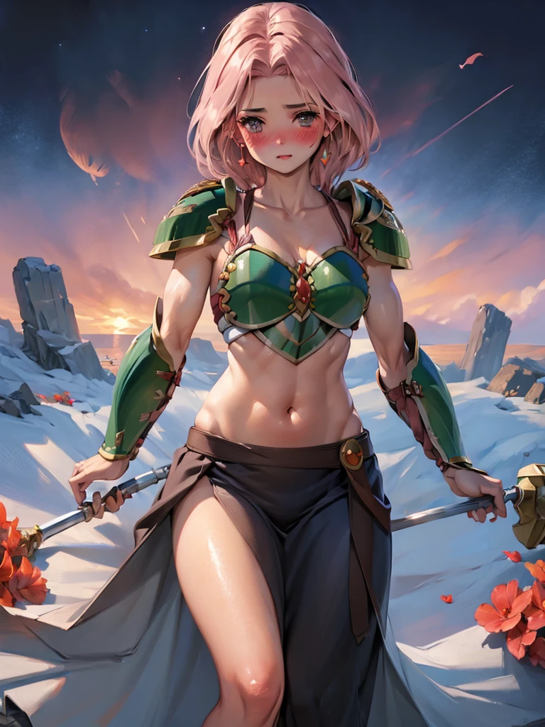 masterpiece, ultra-detailed, best quality, extremely detailed, 8k, high res, realistic, 1girl, 18yo, beautiful girl,BREAK,(Armor:1.8),(blush:1.5),BREAK,(Navel exposed:1.4)