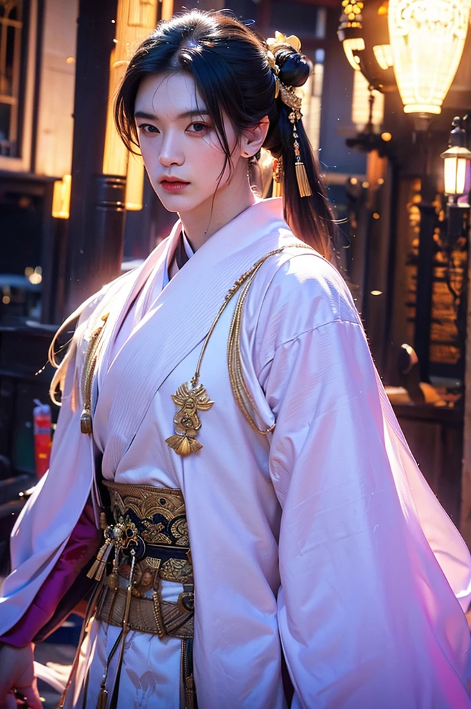 a man in a white robe, young and handsome man, ponytail, waist-length hair, ancient Chinese clothing, qi, a huge saber, ancient Chinese buildings in the background, night, powerful character, purple rays, a beautiful landscape. Detailed face, thick eyebrows, black eyes, 8k, robe embroidered with gold edges, detailed clothing, xianxia, ​​world of cultivation. ((upper body))