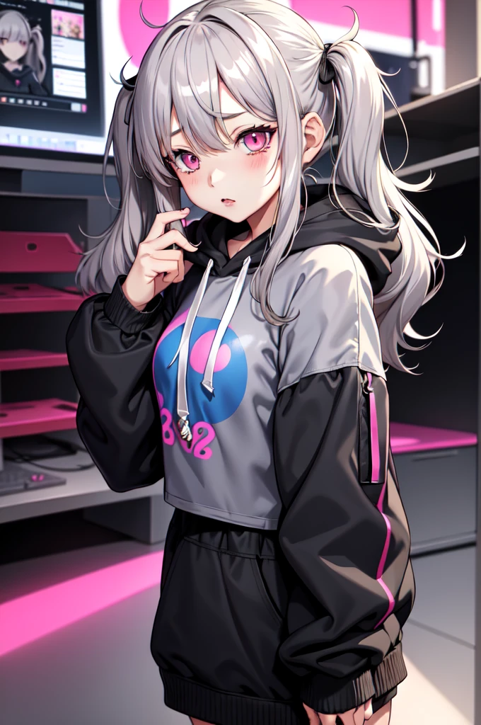 One girl ,Anime Style, masterpiece ,Ultra-fine resolution, complicated ,  Straight , complicatedな品質すこやかな , Gray Hair, Pink Eyes, Twin tails,Long Hair, , Blue circles under the eyes , Tired look , Half closed eyes , sad ,Glitch、plain black hoodie