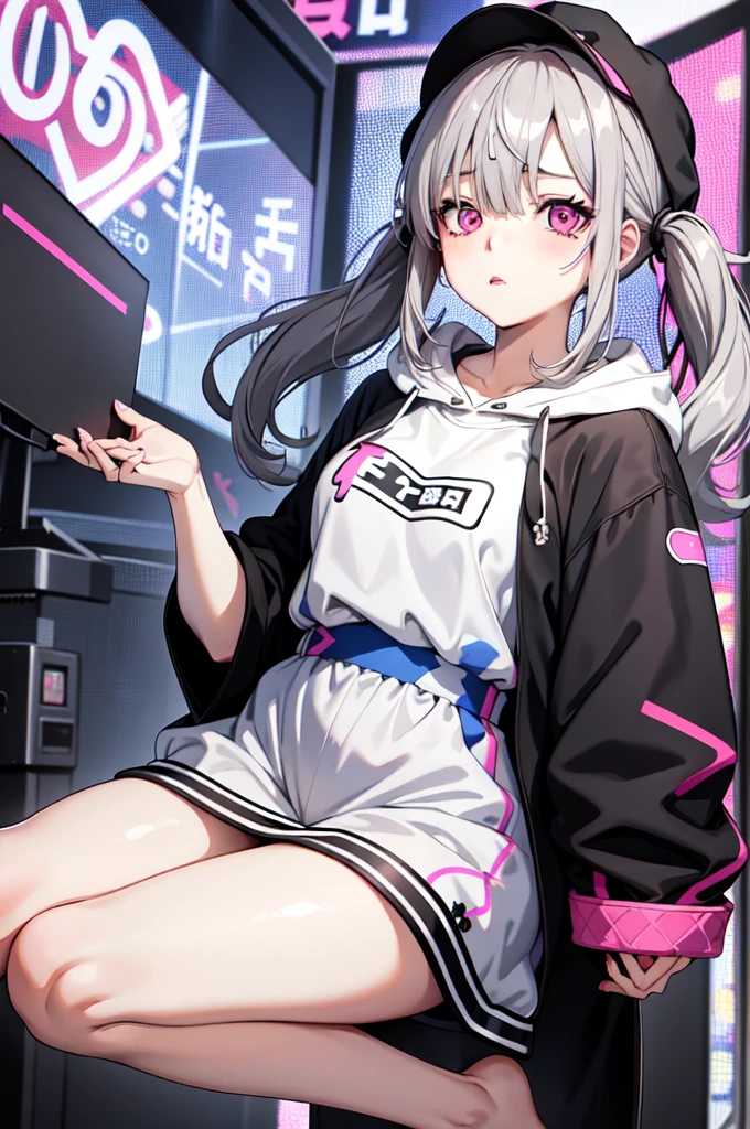 One girl ,Anime Style, masterpiece ,Ultra-fine resolution, complicated ,  Straight , complicatedな品質すこやかな , Gray Hair, Pink Eyes, Twin tails,Long Hair, , Blue circles under the eyes , Tired look , Half closed eyes , sad ,Glitch、plain black hoodie