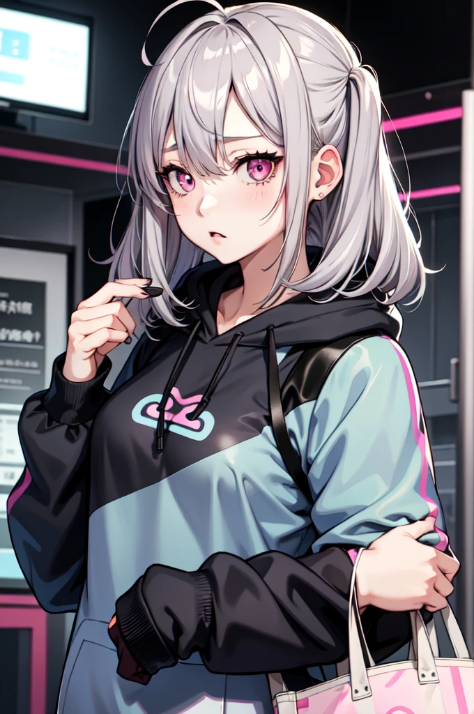 One girl ,Anime Style, masterpiece ,Ultra-fine resolution, complicated ,  Straight , complicatedな品質すこやかな , Gray Hair, Pink Eyes, Medium Hair , Blue circles under the eyes , Tired look , Half closed eyes , sad ,Glitch、plain black hoodie