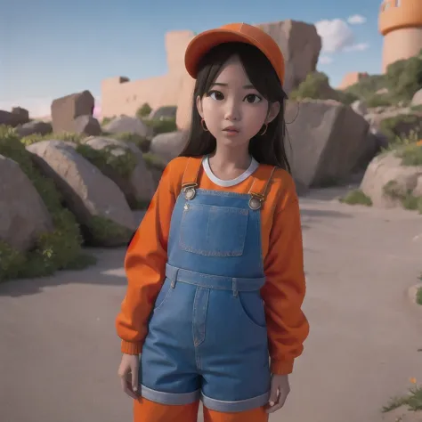 arafed girl standing on a beach with an orange overall, orange jumpsuit, overalls, wearing an orange jumpsuit, official product ...