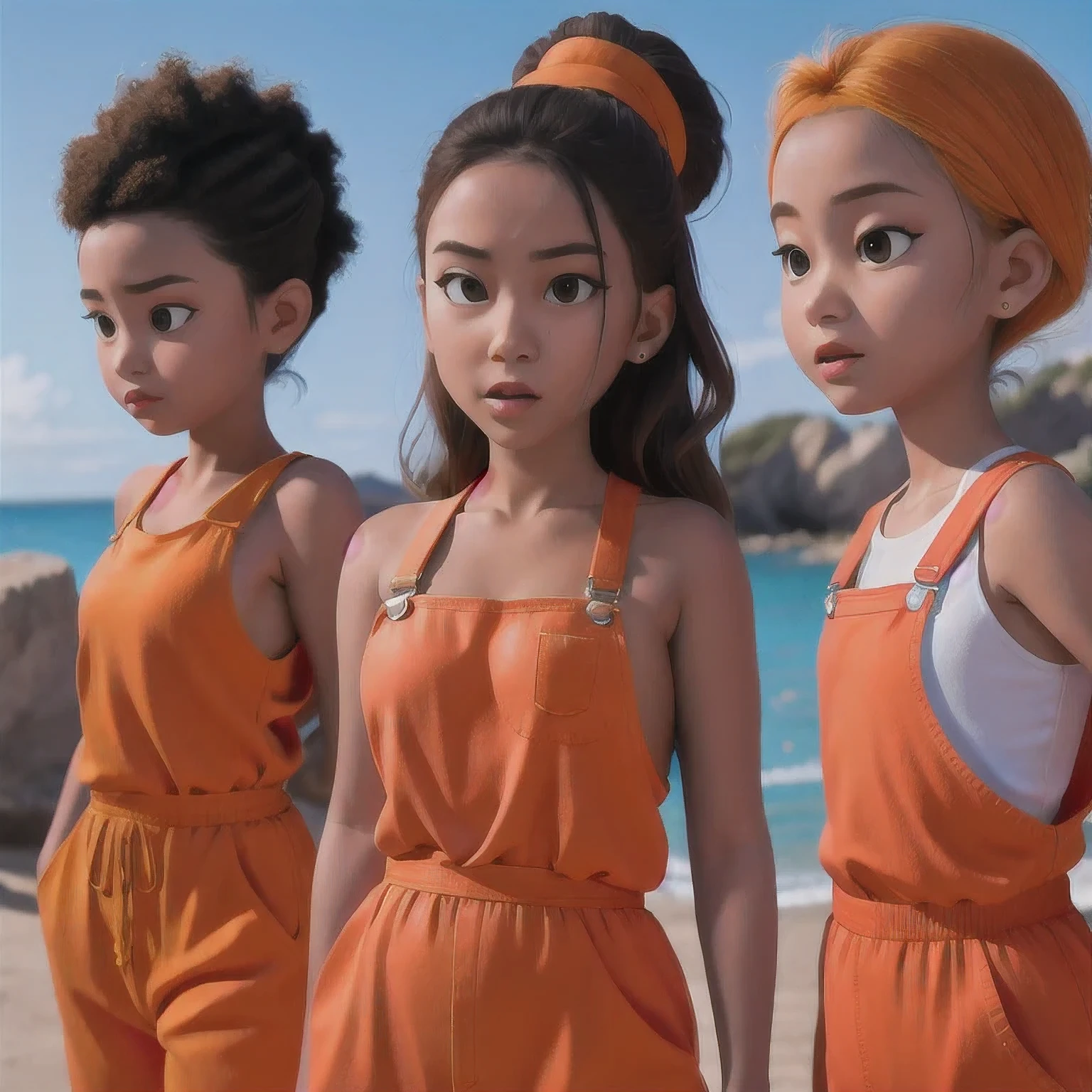 arafed girl standing on a beach with an orange overall, orange jumpsuit, overalls, wearing an orange jumpsuit, official product image, wearing overalls, orange halter top, artist wearing overalls, wearing an orange t-shirt, wearing orange sundress, wearing orange prison jumpsuit, neck zoomed in, wearing an orange t shirt, cute girl wearing tank suit