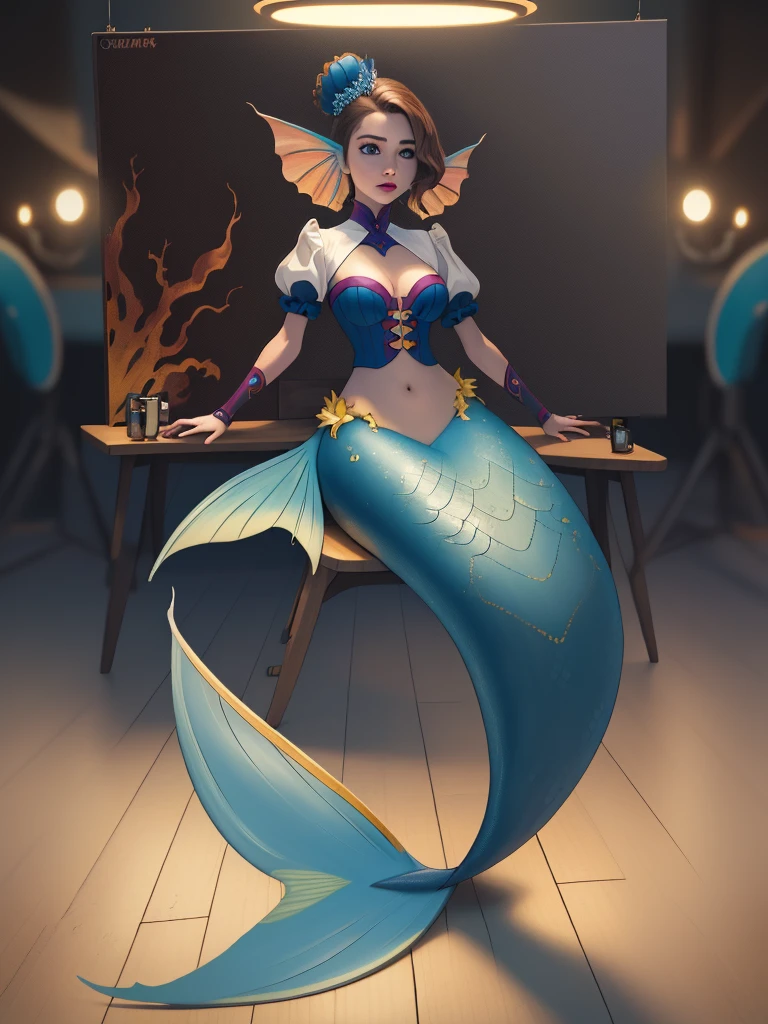 a detailed photo-realistic rendering of a beautiful young mermaid with short brown hair and blue eyes, her expression is shocked, 1 girl, underwater scene with gyarados tail, medium breasts, groin outline, cameltoe, (best quality,4k,8k,highres,masterpiece:1.2),ultra-detailed,(realistic,photorealistic,photo-realistic:1.37),HDR,UHD,studio lighting,ultra-fine painting,sharp focus,physically-based rendering,extreme detail description,professional,vivid colors,bokeh