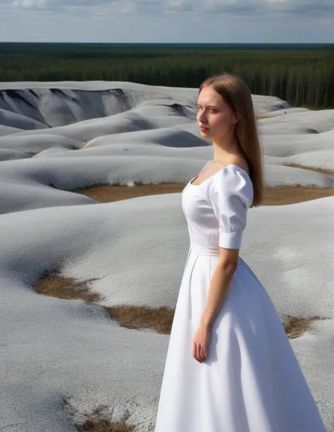 estonia,  a young beautiful woman at a peculiar landscape