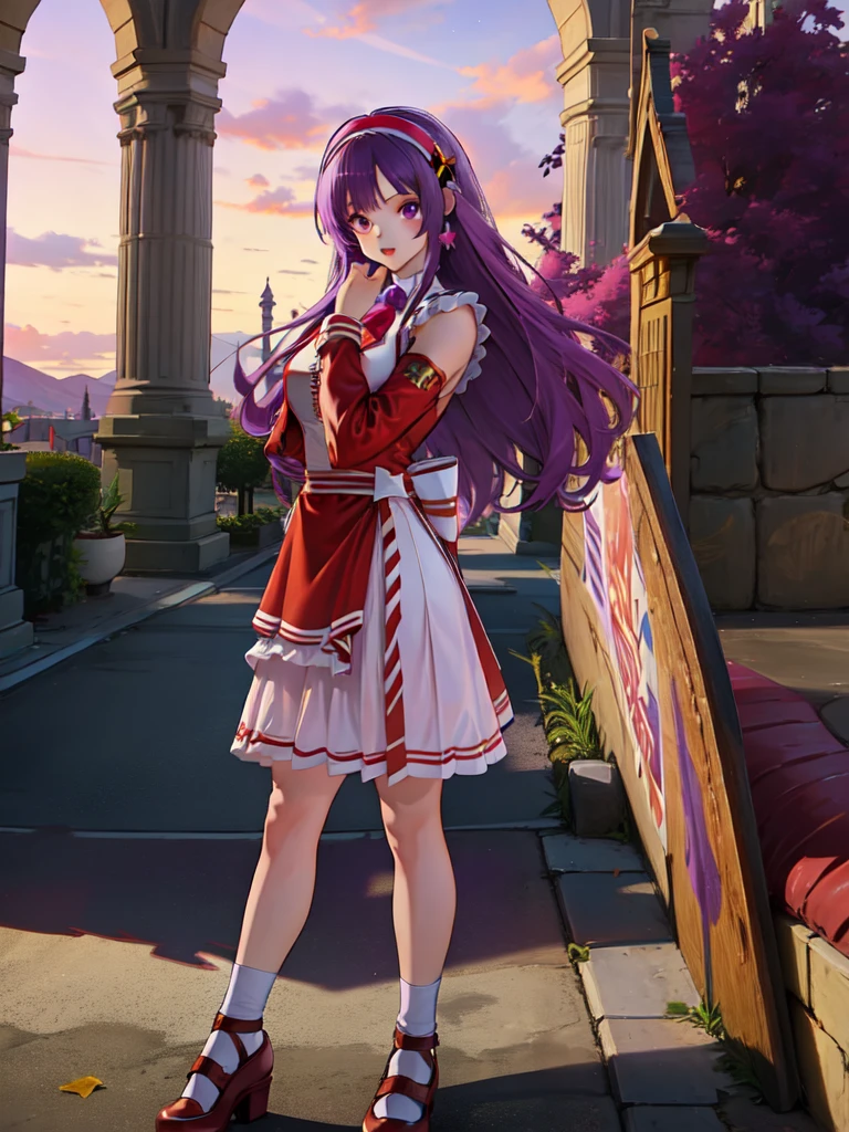 (masterpiece, best quality:1.2), intricate details, athena asamiya, 1girl, ,Vestido en V profundo,, , hairband, long hair, , purple hair, purple eyes, star hair ornament, full body, frontal shot, mirando al espectador, de pie, al aire libre,red shoes,muslos,