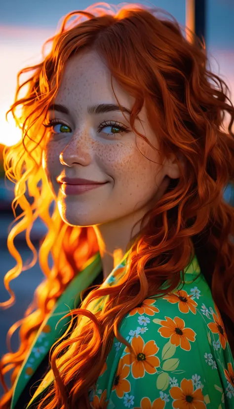 masterpiece portrait of a woman in montreal at dawn, long hair, beautiful orange curly hair, ssmile, greeneyes, freckles, flower...