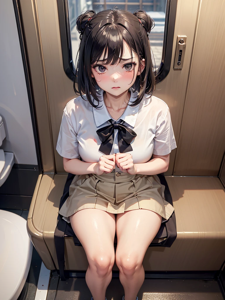 ((((Best Quality, 8K, 32K, masterpiece, 1.2)))),{{solo}},nsfw,{{{Artist: GirlfriendMix's style}}},((perfect beautiful face:1.2)),  public toilet in train, sitting on toilet seat, wearing , peeing, leaking pee from pussy, half visible vivid pussy, a lot of public hairs, defiant look, embarrassed,