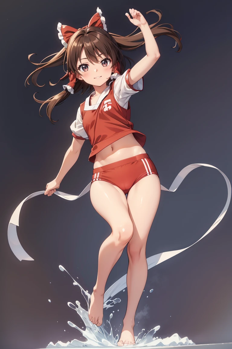 Reimu Hakurei, (Brown eyes:1.5), Brown Hair, bow, hair bow, Hair Tube, Long Hair, red bow, Side Lock, (((Slender body)))、(Navy blue cuffs and white short-sleeved gym uniform)、(Navy Blue Bloomers)、(
barefoot)、Navy blue socks、sports boots、Ground、Schoolyard、Sexy pose、
BREAK Watch Viewers,blush、
Full Body Shot,Smile Break (masterpiece:1.2), Highest quality, High resolution, unity 8k wallpaper, (figure:0.8), (Beautiful attention to detail), Highly detailed face, Perfect lighting, Highly detailed CG, (Perfect hands, Perfect Anatomy),Dynamic pose,