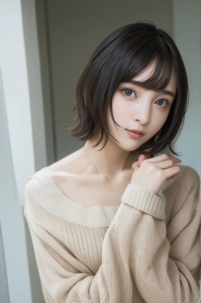 One girl, Highest quality, Realistic, alone, Depth of written boundary, Natural light, Daytime, Fascinating, Beautiful Face, clean, Pure Face, Pale skin, cute, short hair, Beach, sunlight,Flat Chest, Small breasts, whole body, ((sweater,Beautiful Face)),