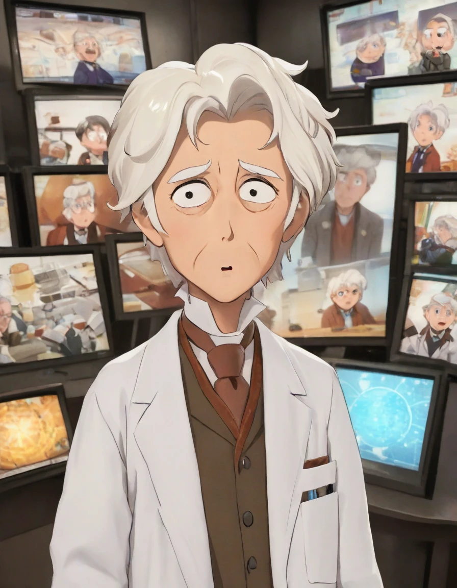 1 old man with short white hair dressed as a scientist., with a surprised expression (1.2), and a large scientific observatory with many large screens in the background