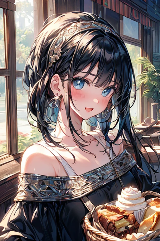 (perky chest:1.2), (pointed chest:1.2),(((Black Tunic:1.3))),(((cakes and bread in the basket),Cute and beautiful girl,Cute round face,Cute smile,with blush cheeks,Red Lip,solo, looking at viewer, open mouth, have a cute grass of cute beergrass,black hair, dark green eyes, dress, bare shoulders, jewelry, collarbone, sidelocks, hairband, earrings, indoors, off shoulder, sweater, arms behind back, plant, short hair with long locks, gild hairband, off-shoulder dress, sweater dress, off-shoulder sweater, black sweater, dark gord hair, big side hair, very long side hair,is rendered in (masterpiece: 1.2, best quality), with (ultra high resolution) and an exquisite (depth of field),(Bangs are see-through bangs),hair pin,hair adornments,detailed clothes features,Detailed hair features,detailed facial features,(Dynamic angles),(Dynamic and sexy poses),Cinematic Light,(masutepiece,top-quality,Ultra-high resolution) ,(The 8k quality,Anatomically accurate facial structure,),(Sea Art 2 Mode:1.3),(Image Mode Ultra HD) ,(Hold a coffee in your hand:1.3),delicate beautiful face, Bright blue eyes, cute eyes, sparkling eyes, Big eyes, (perky chest:1.1), (pointed chest:1.3), looking at viewer, 