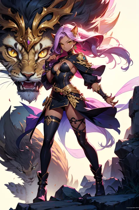 There is lost coliseum there stand female lioness in battle stance, she have ebony colour skin beautiful yellow cat eyes dark go...