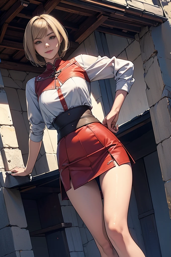 masterpiece, Highest quality, Absurd, Perfect Anatomy, One girl, alone, Asheria, Asheriaのコスチューム, Red Skirt, Extremely short miniskirt, short hair, Bobcut, Blonde, Pauldrons, Are standing, Outdoor, Fantasy, smile, Confident posture, Dynamic Angle,skirt lift up:1.5, show off  micro panties,