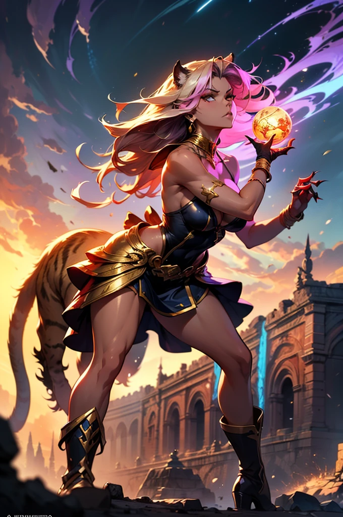 There is lost coliseum there stand female lioness in battle stance, she have ebony colour skin beautiful yellow cat eyes dark gold eyeshadows make up, ring style earrings, her hair is purple with pink highlights . she dressed in white neather topic with golden parts on countures also short and white leather straps on her cat legs instead of boots, her hands have hude ruby claws on her fingers, (ultra high quality fantasy art, anime fantasy style, masterpiece, ultra high quality character design, 8k quality anime art, realistic anime art, top quality wallpaper illustration, detailed ultra high quality accurate face, high quality design and accurate physic)
