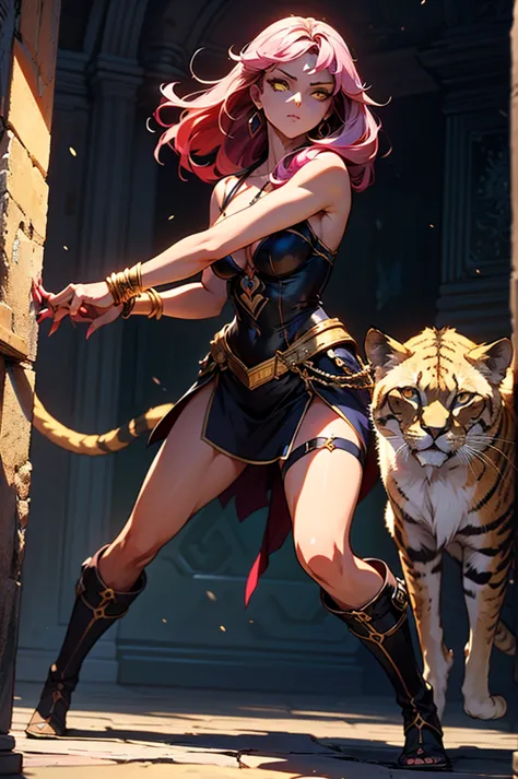 There is lost coliseum there stand female lioness in battle stance, she have ebony colour skin beautiful yellow cat eyes dark go...