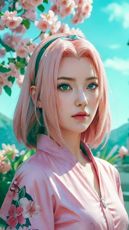 mujer joven piel pálida, pelo largo rosa chicle, cejas rosadas, grandes ojos verde jade, nariz abotonada, labios de durazno, senos pequeños, frente ancha, kimono de flores y mariposas, sakura haruno, Realista, 3d
