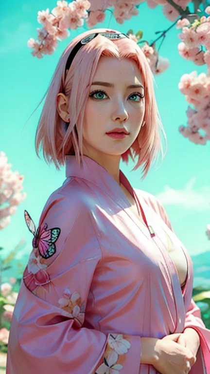 young woman pale skin, long bubblegum pink hair, pink eyebrows, big jade green eyes, buttoned nose, peach lips, small breasts, wide forehead, flower and butterfly kimono, Sakura Haruno, realistic, 3d
