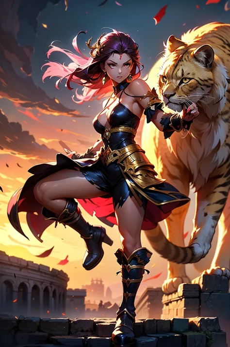 There is lost coliseum there stand female lioness in battle stance, she have ebony colour skin beautiful yellow cat eyes dark go...