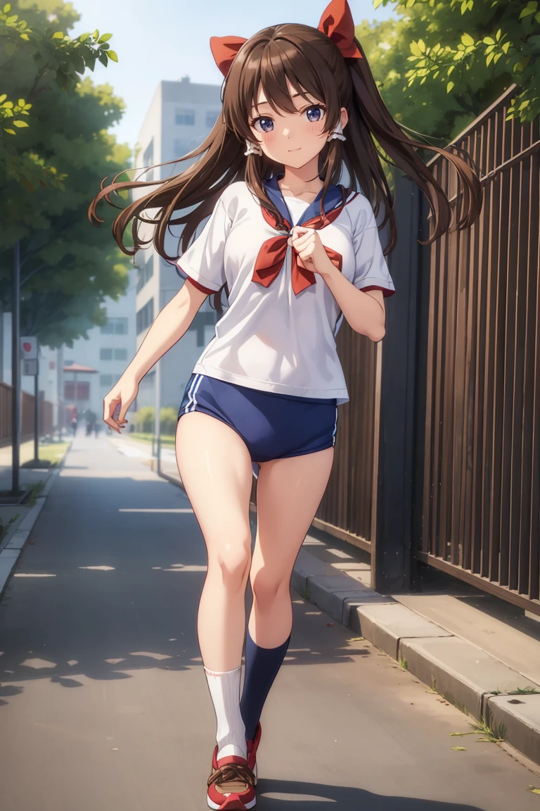 Reimu Hakurei, (Brown eyes:1.5), Brown Hair, bow, hair bow, Hair Tube, Long Hair, red bow, Side Lock, (((Slender body)))、(Navy blue cuffs and white short-sleeved gym uniform)、(Navy Blue Bloomers)、(
barefoot)、Navy blue socks、sports boots、Ground、Schoolyard、Sexy pose、
BREAK Watch Viewers,blush、
Full Body Shot,Smile Break (masterpiece:1.2), Highest quality, High resolution, unity 8k wallpaper, (figure:0.8), (Beautiful attention to detail), Highly detailed face, Perfect lighting, Highly detailed CG, (Perfect hands, Perfect Anatomy)