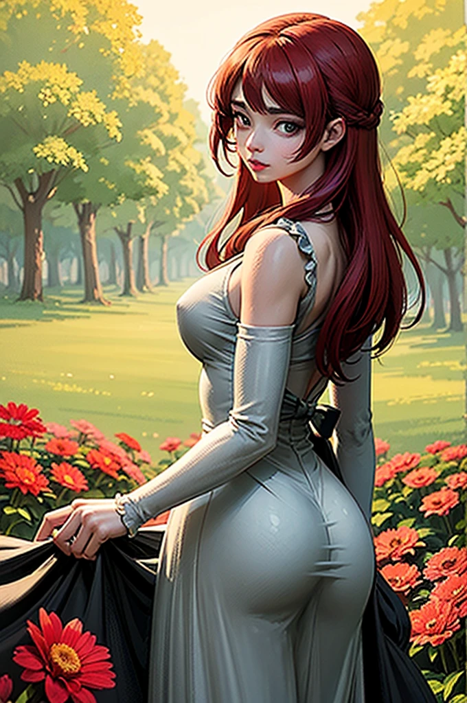 Adorable, Woman,big-eyed woman, round face. promenent lips. Smileing,In the garden,Her hands are behind her...., , large ass, wearing a cute sun dress. Picture from the side,looking at the scenes, intense colors, Very valuable details, complex details, volumetric lighting, digital art, 8k, trending on Artstation, Clear focus, complex details, highly detail, Greg Rutkowski Big Eyes, high-resolution, fiery red hair. Anna Popplewell
