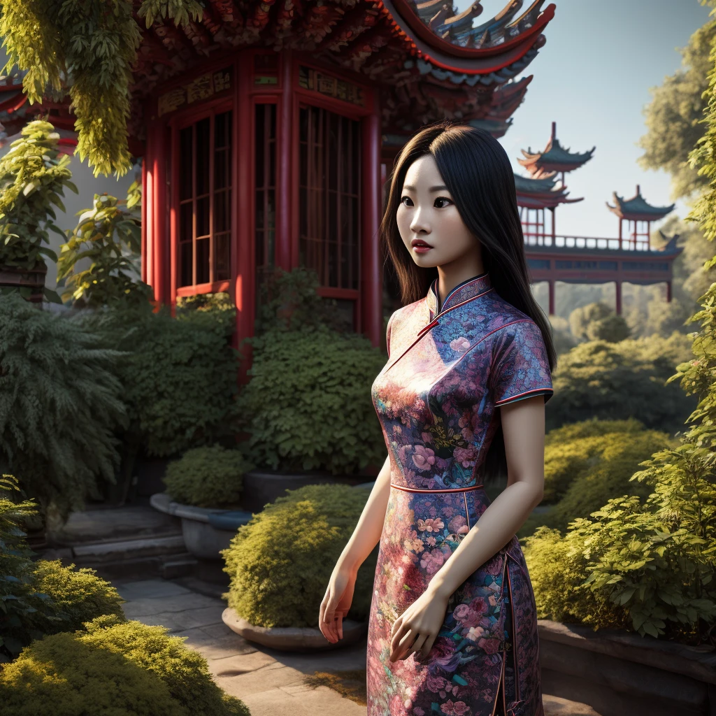 ein schönes Mädchen in einem traditionellen chinesischen Cheongsam-Kleid, komplizierte florale Muster, Fließender Stoff, Elegante Pose, detaillierte Gesichtszüge, wunderschöne Augen, Zarte Lippen, lange Wimpern, leuchtende Haut, mysteriöser Ausdruck, Gartenanlage im Freien, üppigem Grün, warmes Licht, Filmkomposition, digital art, sehr detailliert, fotorealistisch, Konzeptkunststil