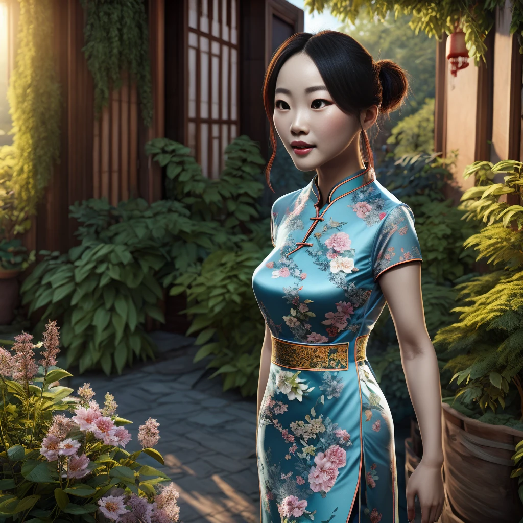 ein schönes Mädchen in einem traditionellen chinesischen Cheongsam-Kleid, komplizierte florale Muster, Fließender Stoff, Elegante Pose, detaillierte Gesichtszüge, wunderschöne Augen, Zarte Lippen, lange Wimpern, leuchtende Haut, mysteriöser Ausdruck, Gartenanlage im Freien, üppigem Grün, warmes Licht, Filmkomposition, digital art, sehr detailliert, fotorealistisch, Konzeptkunststil