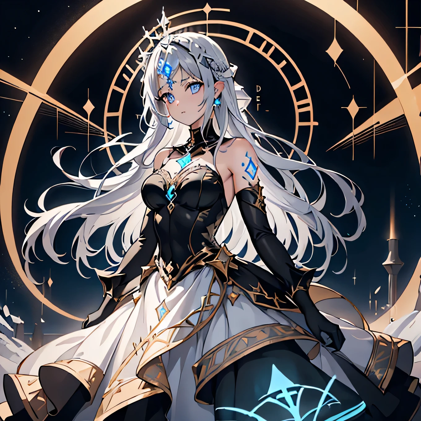 high resolution, 4k ultra sharp, half body, 1 female, (((Glowing Rune Tattoos))) long silver hair, black and white princess knight dress, circlet