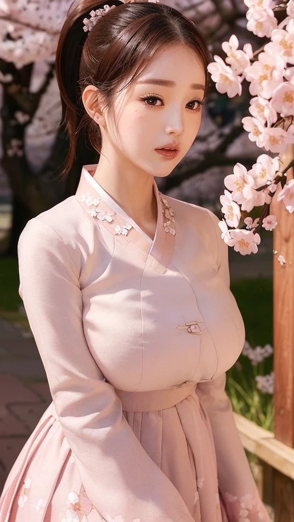 (best quality, 8K, masterpiece: 1.3), ((((((Incredibly huge breasts: 0.8))))), single ponytail, (beautiful face:1.3), Cherry blossoms are in full bloom, full of cherry blossoms, floating cherry blossom petals, very cool, Authentic Korean Hanbok