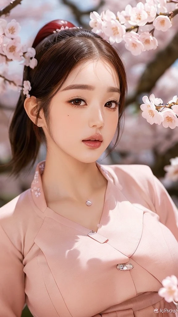 (best quality, 8K, masterpiece: 1.3), ((((((Incredibly huge breasts: 0.8))))), single ponytail, (beautiful face:1.3), Cherry blossoms are in full bloom, full of cherry blossoms, floating cherry blossom petals, very cool, Authentic Korean Hanbok